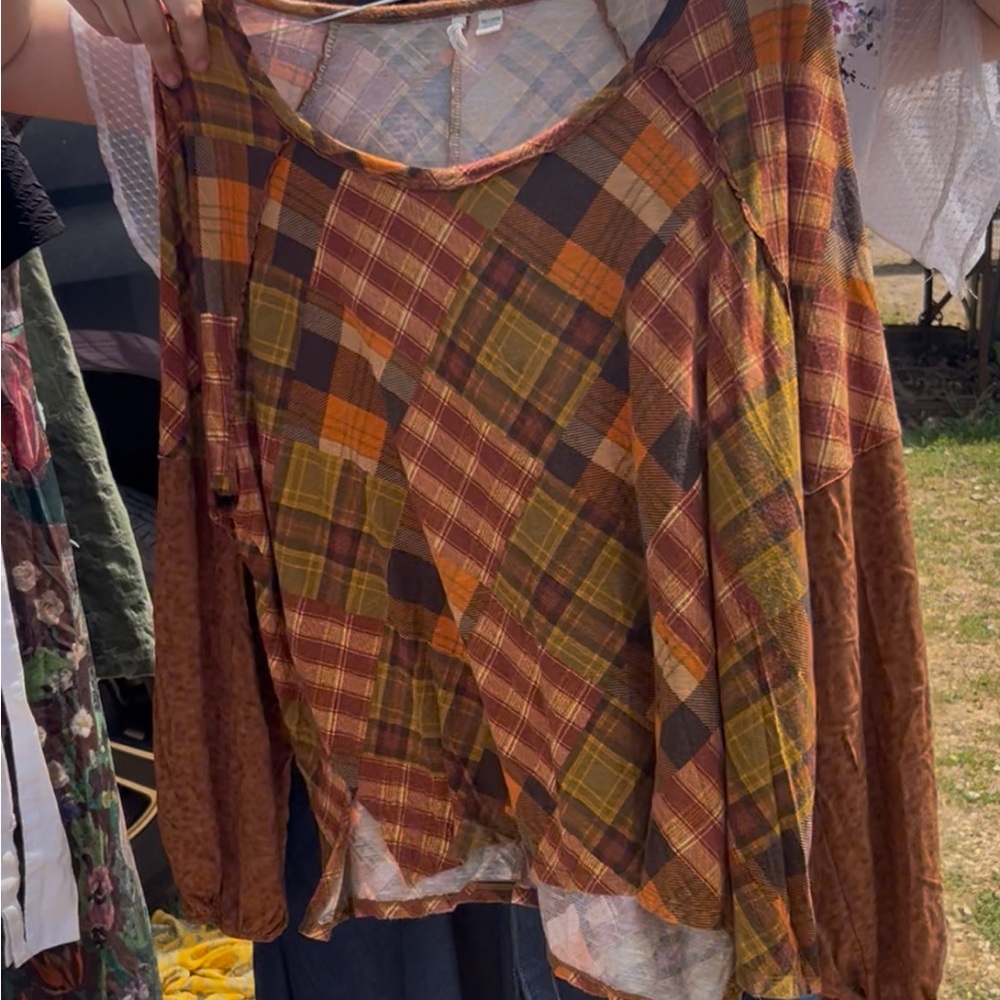Brown and Yellow Plaid Print Fall Blouse